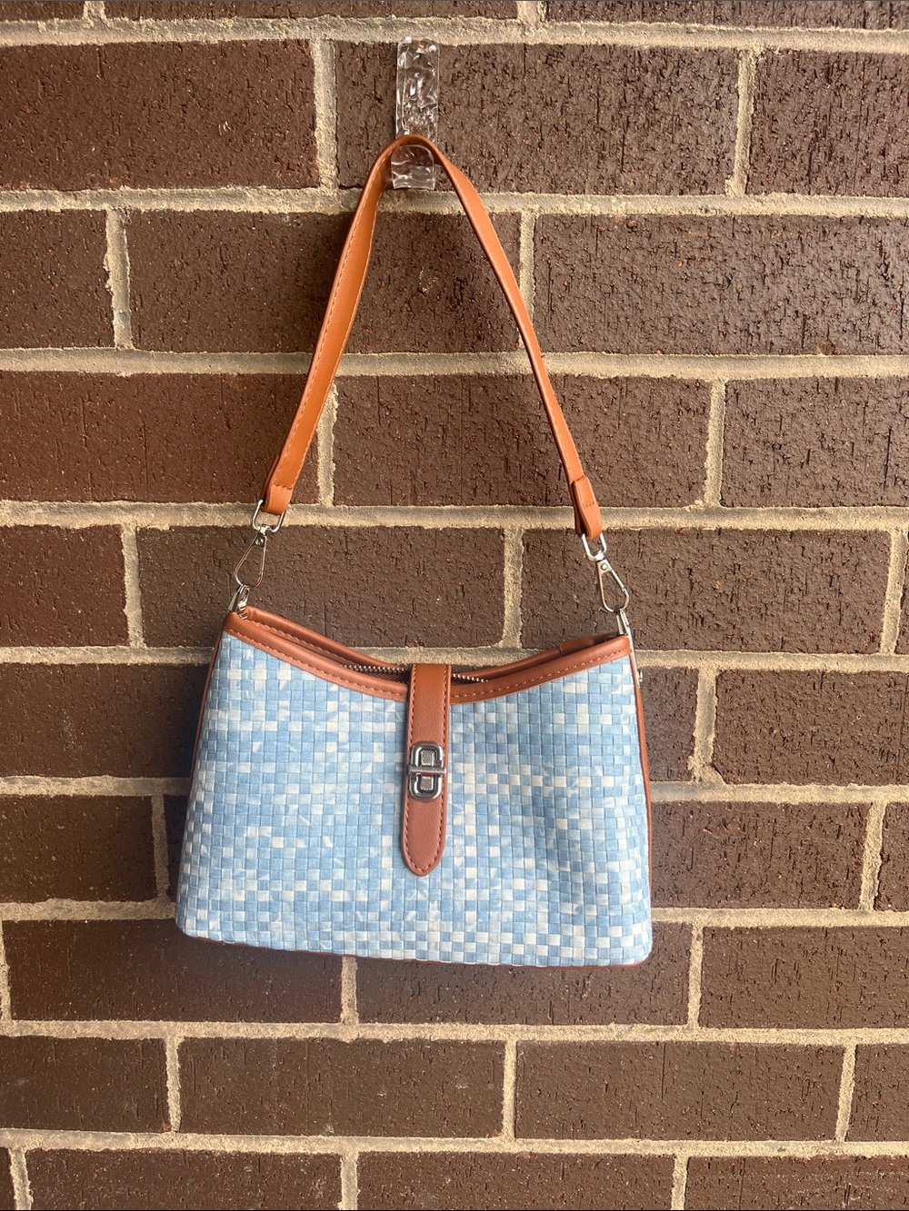 Blue Woven Shoulder Bag with Tan Trim vegan Leather